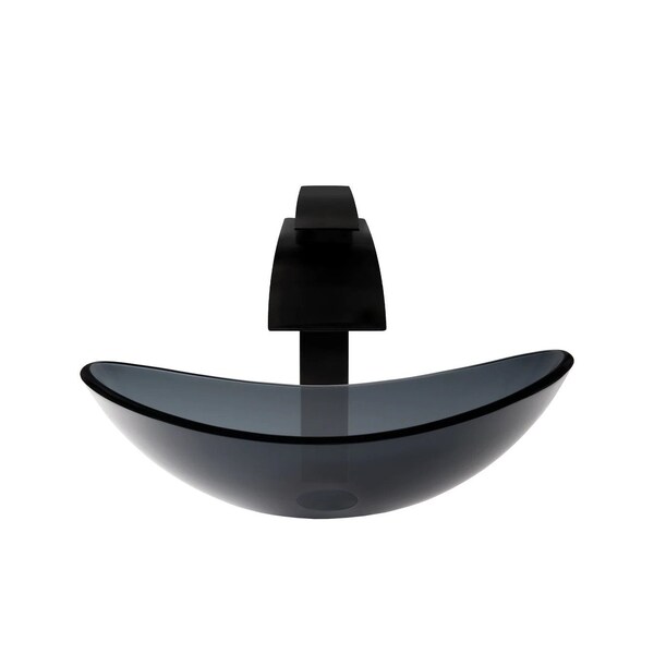 Clear Grey Slipper Glass Vessel Sink And Faucet Set In Matte Black